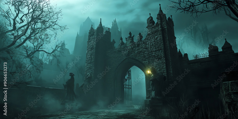 A hauntingly beautiful gothic gate shrouded in mist, surrounded by eerie trees, perfect for capturing a sense of mystery and suspense. A hauntingly beautiful gothic gate shrouded in mist, surrounded by eerie trees, perfect for capturing a sense of mystery and suspense.