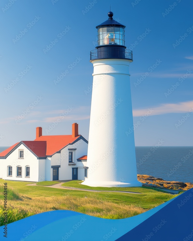 Sunny day at the coastal lighthouse with a charming white cottage by the sea Sunny day at the coastal lighthouse with a charming white cottage by the sea