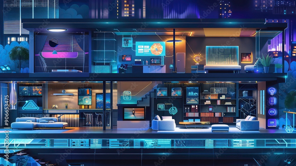 The image shows a futuristic smart home interior, showcasing modern design and advanced technology, with views of a city skyline. The image shows a futuristic smart home interior, showcasing modern design and advanced technology, with views of a city skyline.
