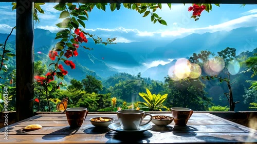 Two cups of coffee on a wooden table with a scenic mountain view.