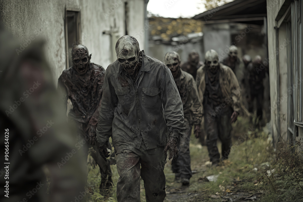 Obraz premium A haunting scene of zombie figures walking through a desolate area, evoking a sense of fear and the unknown.