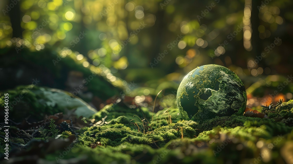 A rendering of a green earth globe resting on a bed of moss in a sun-drenched forest setting. Generative AI A rendering of a green earth globe resting on a bed of moss in a sun-drenched forest setting. Generative AI
