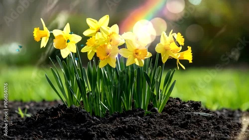 Yellow daffodils blooming in a garden with a rainbow in the background.
