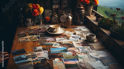 An overhead shot of a wooden table with a collection of vintage postcards