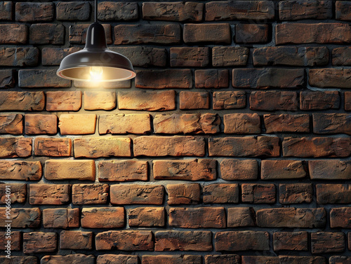 A brick wall with a light shining on it. The light is on a lamp that is hanging from the wall