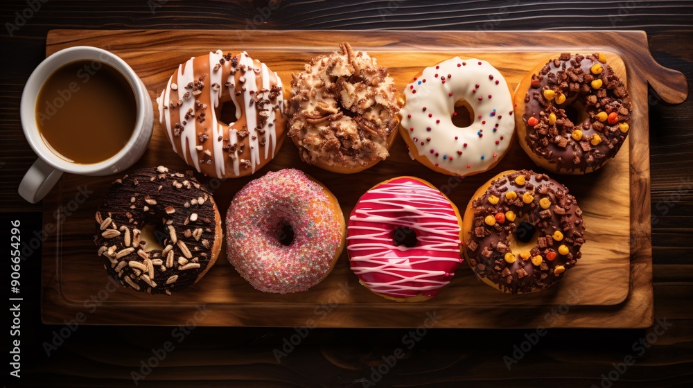 A top view of a wooden table with an assortment of doughnuts and coffee A top view of a wooden table with an assortment of doughnuts and coffee