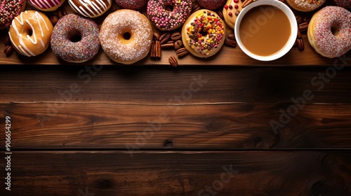 A top view of a wooden table with an assortment of doughnuts and coffee