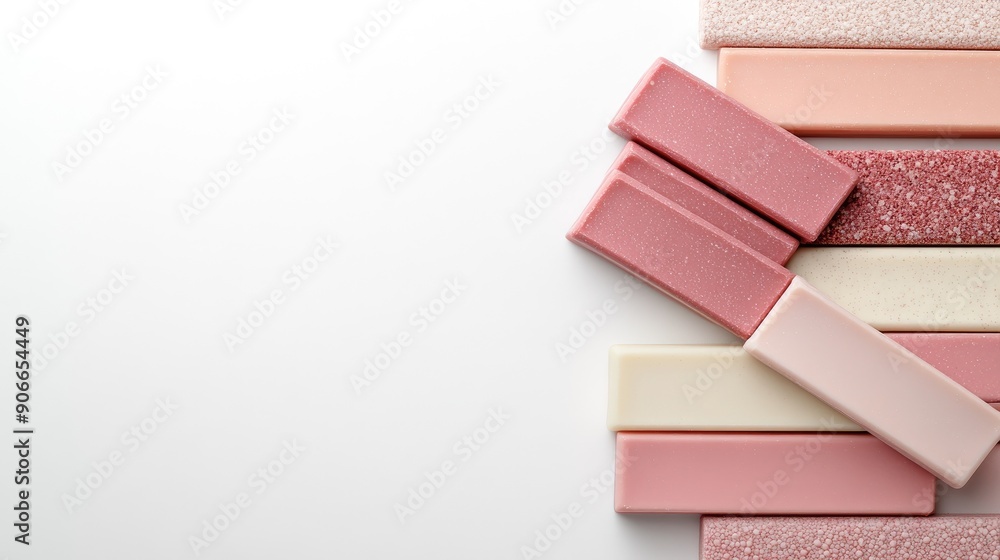 Naklejka premium A colorful arrangement of assorted handmade soap bars placed on a clean white wooden surface, accompanied by fresh herbs and scattered nuts