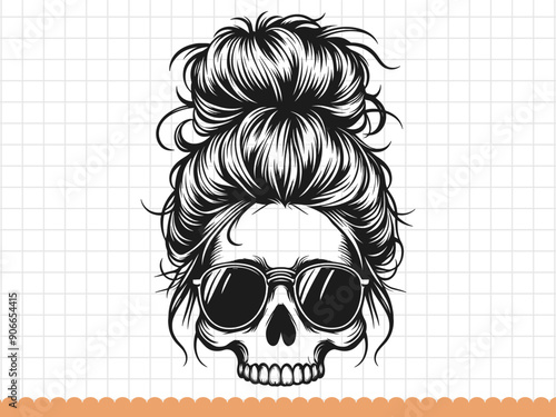 Female skull with glasses and messy bun hair. Vector illustration.