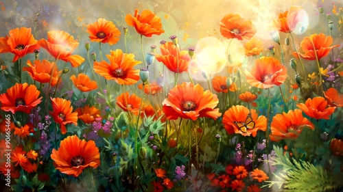 Vibrant red poppies bloom in a field bathed in sunlight, a single butterfly adds a touch of whimsy.