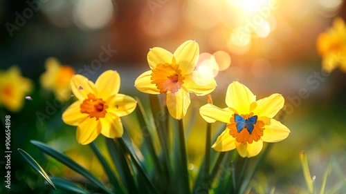 Yellow daffodils blooming in the sunlight with a blue butterfly.