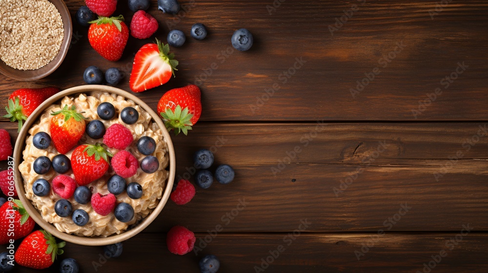 A wooden table with a bowl of oatmeal and fresh berries, viewed from above A wooden table with a bowl of oatmeal and fresh berries, viewed from above