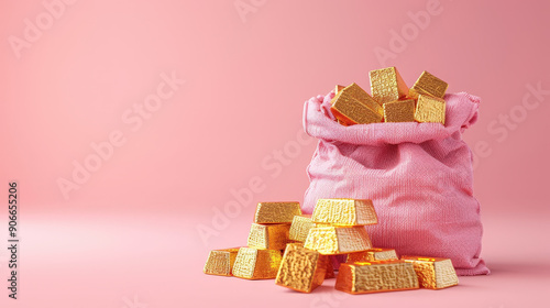 Money bag on a pastel pink background with gold bars, financial investment, 3D illustration  photo