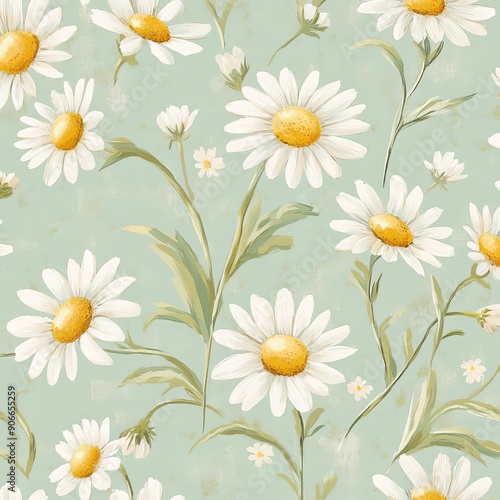 A cheerful daisy floral pattern on a soft mint background, perfect for spring themes and nature-inspired designs.