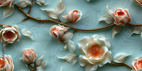 Seamless 3D White, Red, and Pink Cherry Blossom Flowers in Branches on a Light Background. Abstract Floral 3D Landscape Wall Sticker. Hd Seamless Magnolia, Frangipani, Rose Flower Wallpaper.