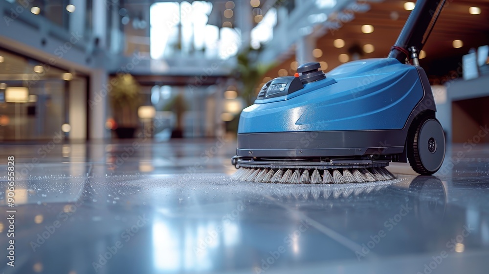 Industrial Floor Cleaning Machine in Action at Modern Commercial Building Interior Industrial Floor Cleaning Machine in Action at Modern Commercial Building Interior