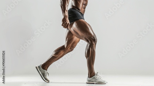 A fitness model holding a dynamic lunge position, with defined leg muscles and a strong, stable posture. 