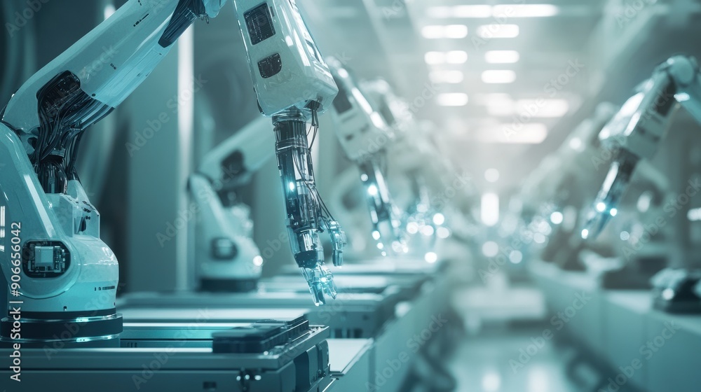Advanced robotic arms assembling products in a high-tech manufacturing facility, showcasing the future of automation and precision engineering in modern industry. Advanced robotic arms assembling products in a high-tech manufacturing facility, showcasing the future of automation and precision engineering in modern industry.