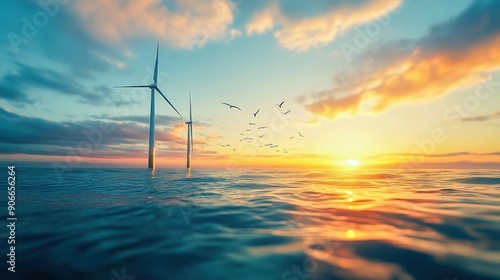 A wind farm in the ocean with birds flying around, harmony with nature, clean energy