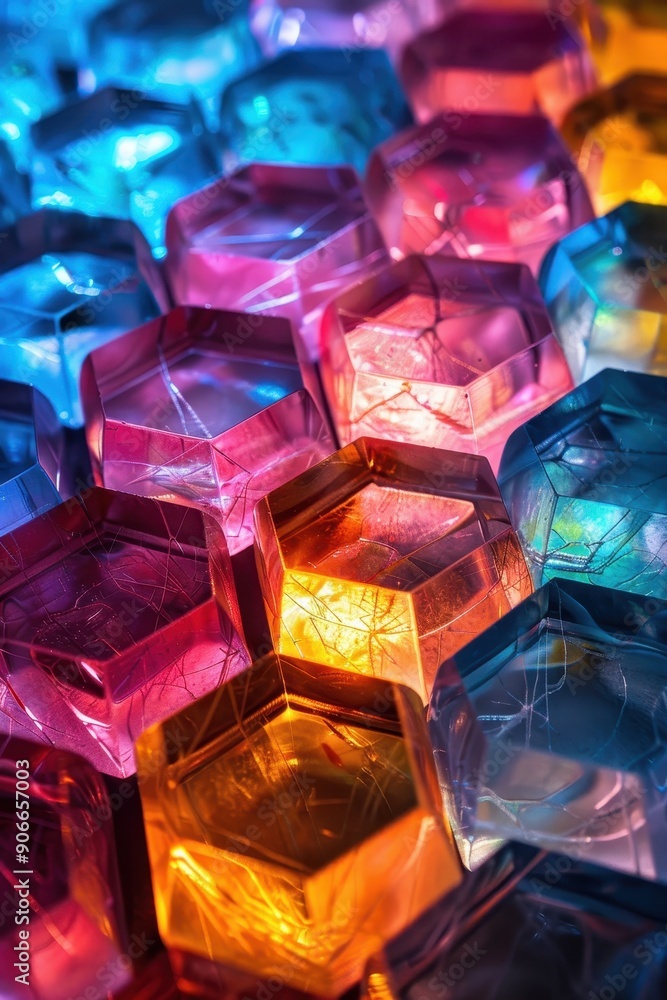 Vibrant Abstract Close-Up of Colorful Hexagonal Shapes with Reflective Surfaces and Light Effects Vibrant Abstract Close-Up of Colorful Hexagonal Shapes with Reflective Surfaces and Light Effects
