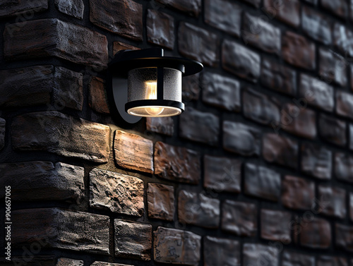 A brick wall with a light shining on it. The light is on a lamp that is hanging from the wall