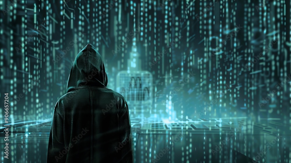 Amidst a backdrop of glowing computer screens, a cyber-attacker studies data, highlighting the shadowy world of cyber crime. High tech data breach concept Amidst a backdrop of glowing computer screens, a cyber-attacker studies data, highlighting the shadowy world of cyber crime. High tech data breach concept
