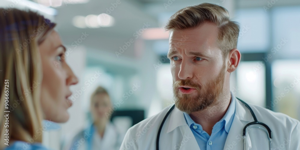 Fototapeta premium A scientist in a lab coat discussing with a woman, possibly about research or experimentation