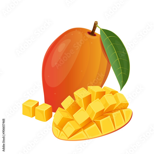 Mango tropical fruit with green leaf isolated on white background. Vector eps 10. perfect for wallpaper or design elements