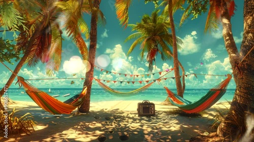 Tropical beach with hammocks and a radio under a sunny sky.