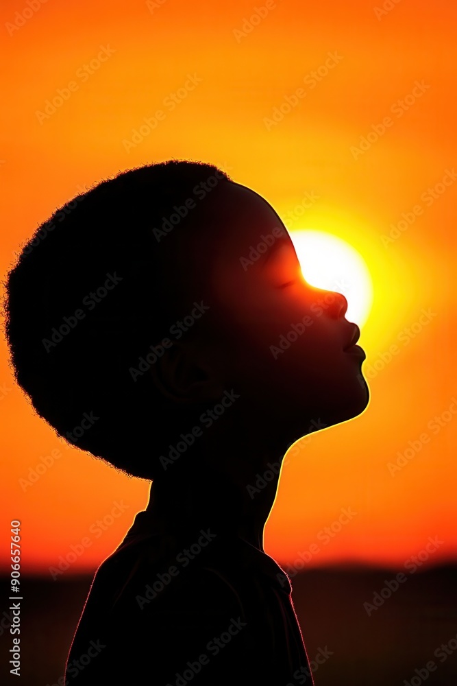 Silhouette of a child against a stunning sunset in a tranquil evening sky Silhouette of a child against a stunning sunset in a tranquil evening sky