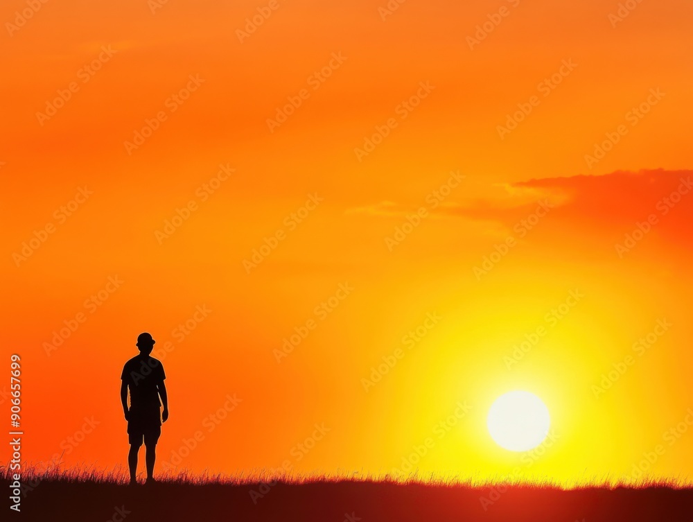 Silhouetted figure stands against vibrant sunset over rolling hills in tranquil evening Silhouetted figure stands against vibrant sunset over rolling hills in tranquil evening