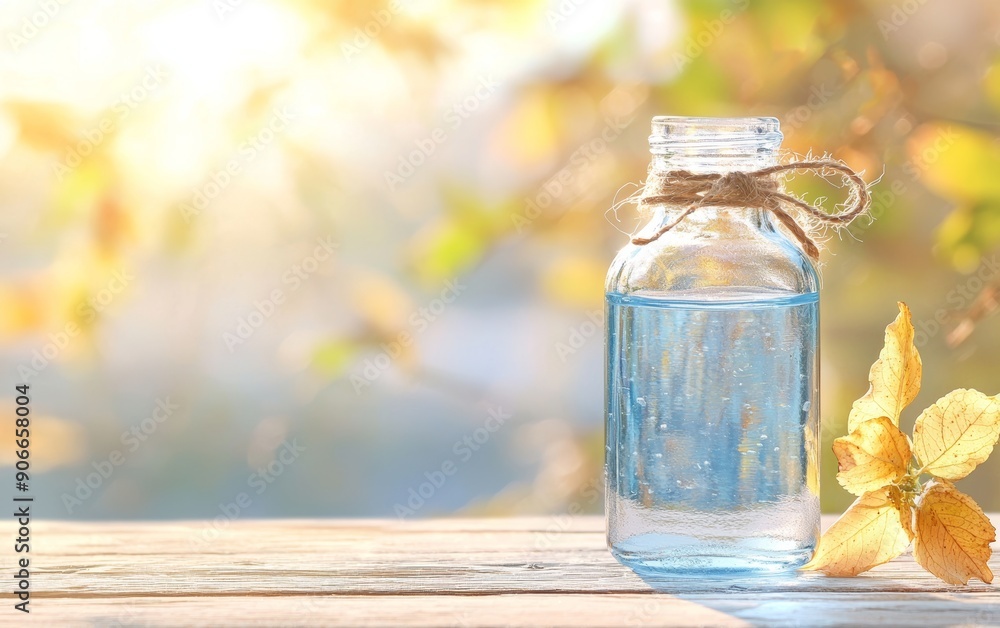 A clear glass bottle filled with water, adorned with a twine bow, set against a backdrop of soft autumn leaves and gentle sunlight. A clear glass bottle filled with water, adorned with a twine bow, set against a backdrop of soft autumn leaves and gentle sunlight.