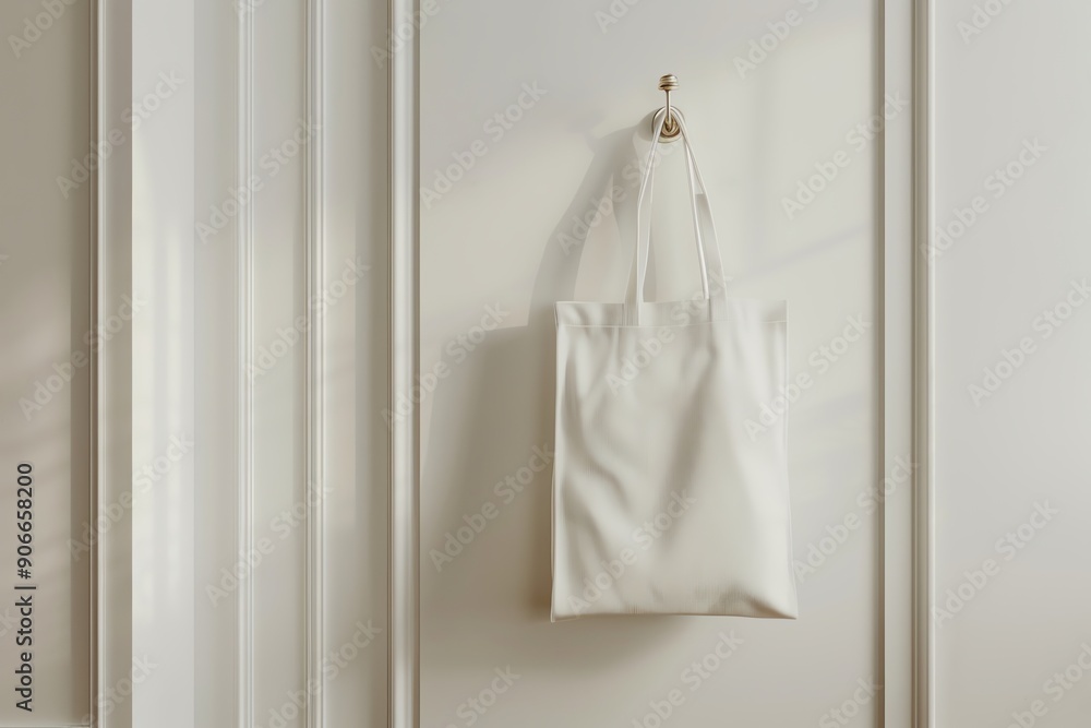 A white tote bag hanging on a hook A white tote bag hanging on a hook