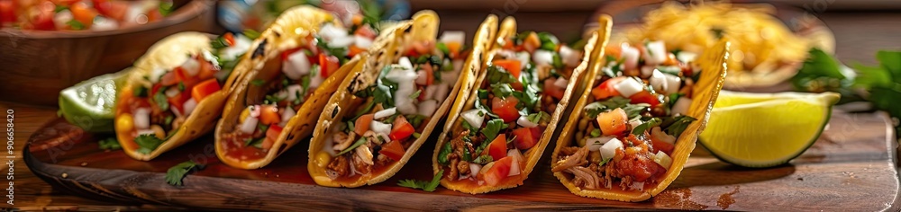 Delicious tacos arranged on a wooden board, garnished with fresh ingredients and lime, perfect for food lovers and culinary enthusiasts.