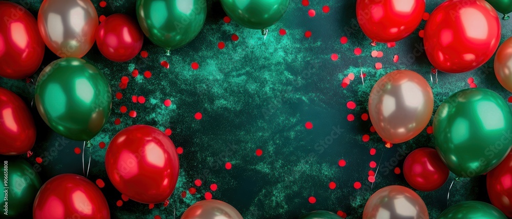 Party with red and green balloons, carnival theme, vibrant banner backdrop, festive atmosphere Party with red and green balloons, carnival theme, vibrant banner backdrop, festive atmosphere