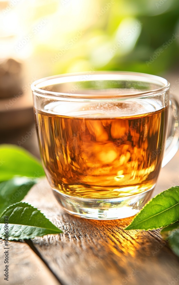A close-up of a clear glass cup filled with aromatic tea, surrounded by fresh green leaves on a rustic wooden table. A close-up of a clear glass cup filled with aromatic tea, surrounded by fresh green leaves on a rustic wooden table.