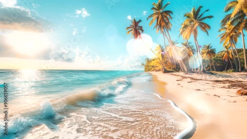 Tropical beach with palm trees and turquoise water.