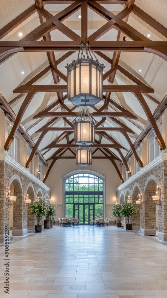 Obraz premium Large indoor area features a stunning view of a green garden through expansive windows, with a polished floor reflecting the architectural beauty