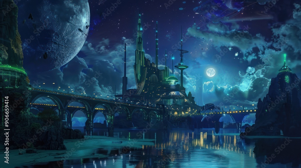 Obraz premium Futuristic Cityscape Under a Starry Sky