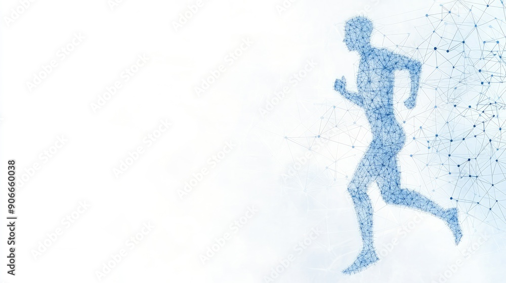 A digital figure runs gracefully, leaving behind a trail of abstract blue particles that enhance the illusion of speed and movement A digital figure runs gracefully, leaving behind a trail of abstract blue particles that enhance the illusion of speed and movement
