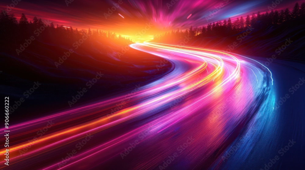 Abstract Lights Trails on a Curved Road at Sunset Abstract Lights Trails on a Curved Road at Sunset