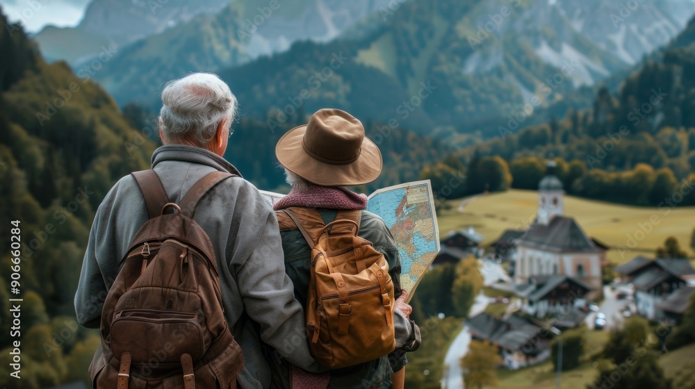 couple of grandparents travelers in a town looking at a map couple of grandparents travelers in a town looking at a map