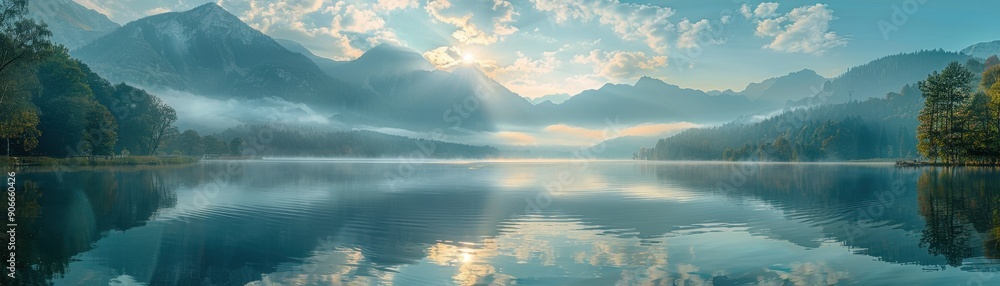 Stunning Panoramic View of a Serene Mountain Lake at Sunrise with Mist and Reflections Stunning Panoramic View of a Serene Mountain Lake at Sunrise with Mist and Reflections