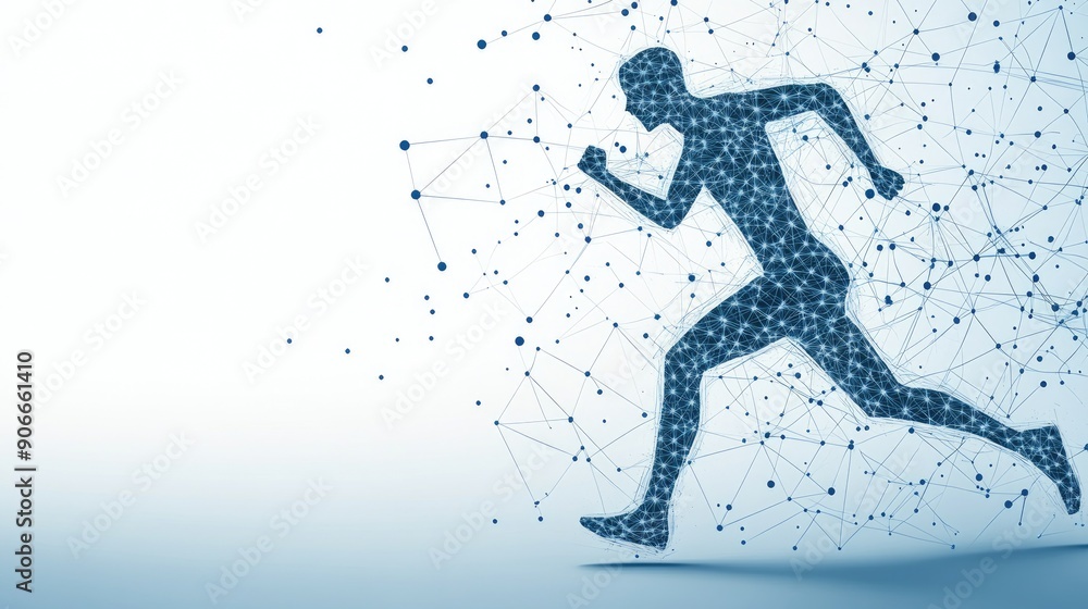 A digital figure runs gracefully, leaving behind a trail of abstract blue particles that enhance the illusion of speed and movement A digital figure runs gracefully, leaving behind a trail of abstract blue particles that enhance the illusion of speed and movement