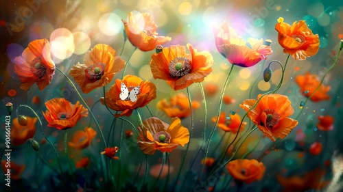 Vibrant orange poppies bloom in a field bathed in soft sunlight.