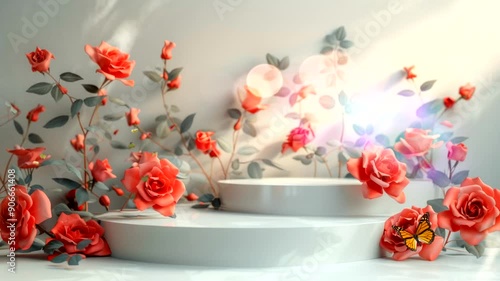 White podium with pink roses and butterfly.