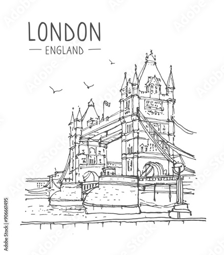 Sketch of Tower Bridge in London. Architecture sketch illustration. Hand drawn sketch of London city, UK. Sketch in black color on white background. Freehand drawing. Travel postcard. Vector