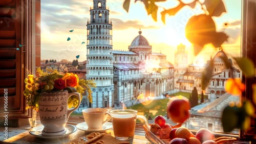 Window view of historic architecture with breakfast.