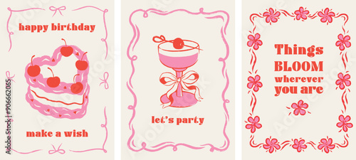 Happy Birthday girly cards in elegant trendy hand drown retro 90s style. Minimalist line art. Celebration congratulations posters with cakes and cocktails. Vector frame template for party, event.