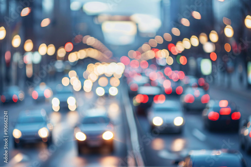 Completely blurry and defocused cars and brake lights on a road in the middle of the city during a traffic jam during rushhour photo